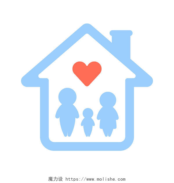 有家庭剪影和红色心脏的蓝色房子